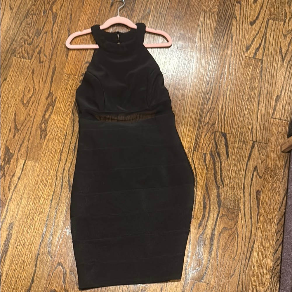 Elegant Black Sleeveless Dress, open back with lace & ruched by zipper!